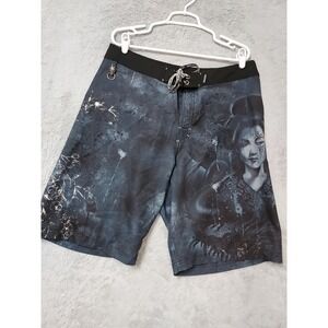 Affliction Board Shorts Mens Size 36 Geisha Graphic Blue Black Swim Trunks